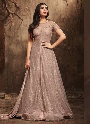 Peach net semi stitched wedding gown with skirt 1