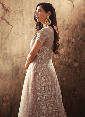 Peach net semi stitched wedding gown with skirt 2