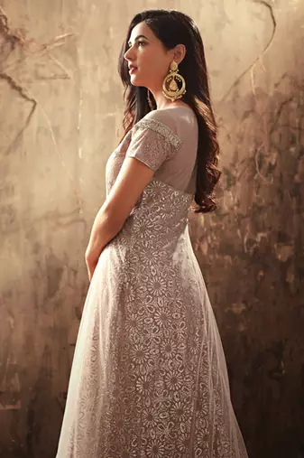 Peach net semi stitched wedding gown with skirt