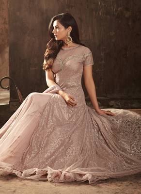 Peach net semi stitched wedding gown with skirt 3