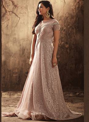 Peach net semi stitched wedding gown with skirt 4