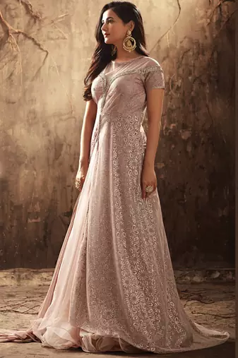Peach net semi stitched wedding gown with skirt