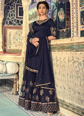 Blue georgette semi stitched wedding sharara kameez 1