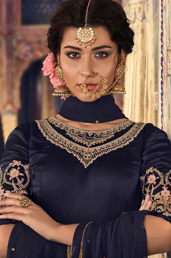 Blue georgette semi stitched wedding sharara kameez