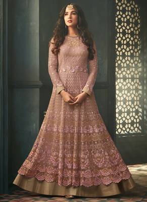 Peach net semi stitched gown anarkali 1