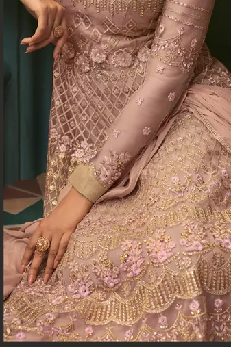 Peach net semi stitched gown anarkali