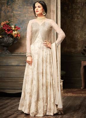 Cream Georgette And Net Semi Stitched Party Gown Anarkali 1