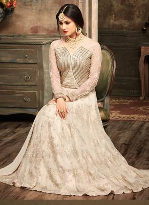 Cream Georgette And Net Semi Stitched Party Gown Anarkali 2
