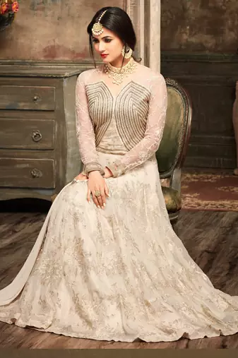 Cream Georgette And Net Semi Stitched Party Gown Anarkali
