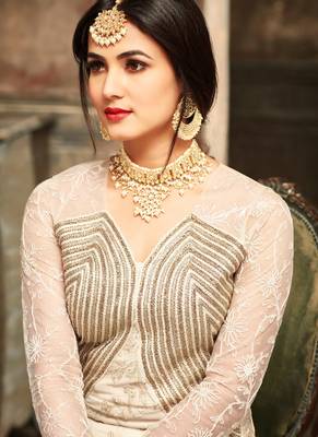 Cream Georgette And Net Semi Stitched Party Gown Anarkali 3