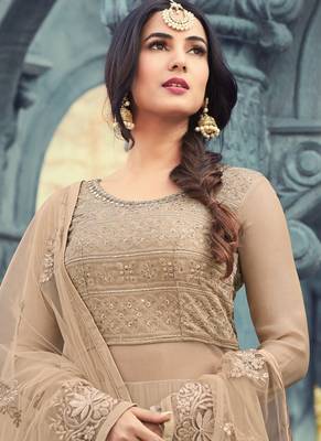 Beige georgette semi stitched wedding anarkali suit 2