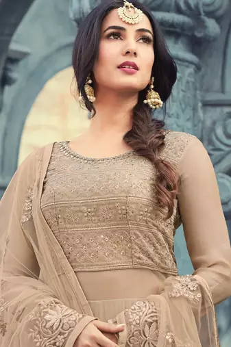 Beige georgette semi stitched wedding anarkali suit