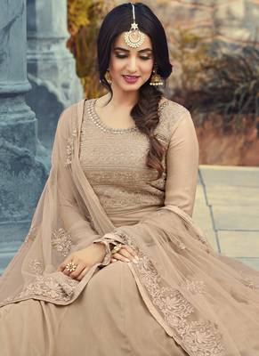 Beige georgette semi stitched wedding anarkali suit 3