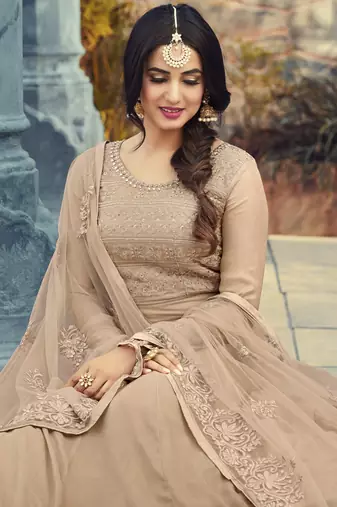 Beige georgette semi stitched wedding anarkali suit