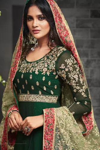 Green georgette semi stitched wedding gown anarkali