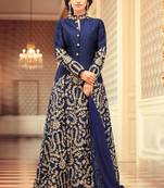 Blue silk semi stitched wedding gown style anarkali