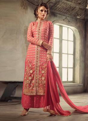 Pink georgette semi stitched palazzo shalvar suit 1