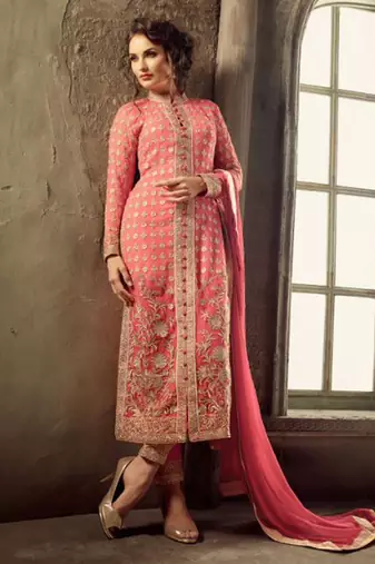 Pink georgette semi stitched palazzo shalvar suit