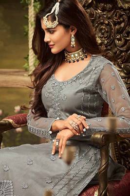 Grey net semi stitched party sharara salwar kameez 1