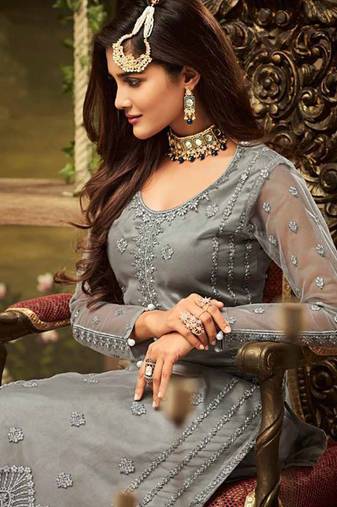 Grey net semi stitched party sharara salwar kameez