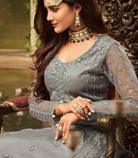 Grey net semi stitched party sharara salwar kameez