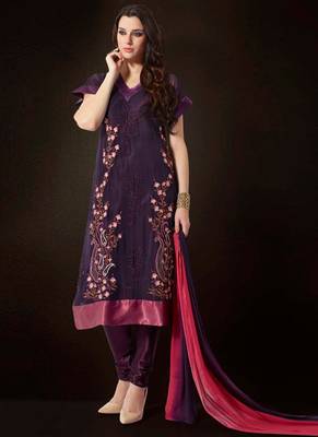 Wine georgette satin semi stitched party churidar suit 1