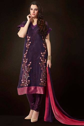 Wine georgette satin semi stitched party churidar suit