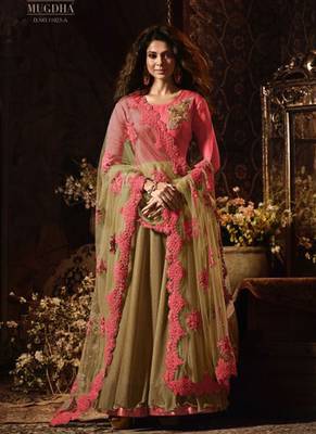 Pink & camel raw silk lycra semi stitched party gown anarkali 1