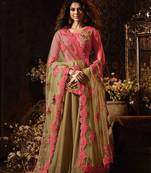 Pink & camel raw silk lycra semi stitched party gown anarkali