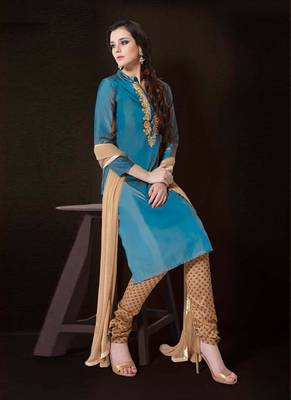 Blue silk semi stitched party pant style suit 1