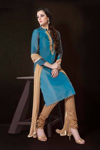 Blue silk semi stitched party pant style suit
