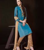 Blue silk semi stitched party pant style suit