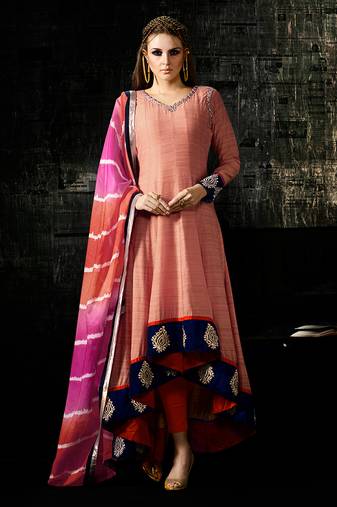 Peach raw silk semi stitched party gown anarkali