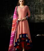 Peach raw silk semi stitched party gown anarkali