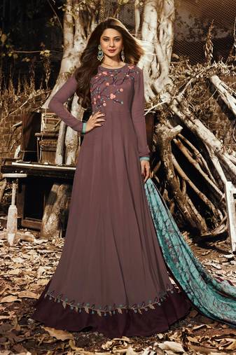 Brown georgette semi stitched party floor length anarkali