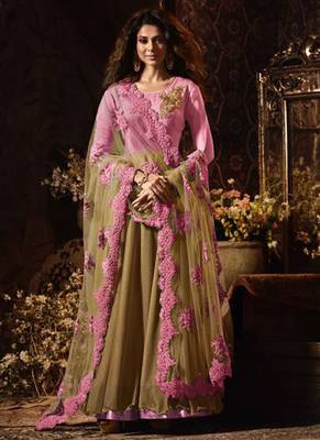 Pink camel raw silk lycra semi stitched party gown anarkali 1