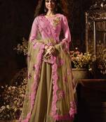 Pink camel raw silk lycra semi stitched party gown anarkali