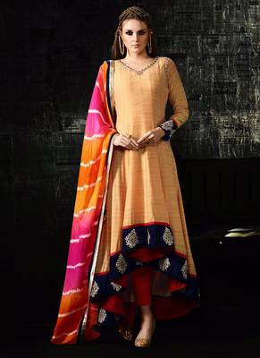 Pink raw silk semi stitched party gown style anarkali 1