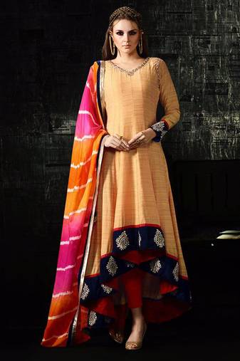 Pink raw silk semi stitched party gown style anarkali