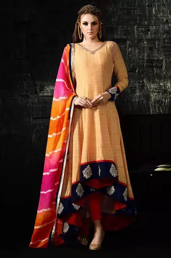 Pink raw silk semi stitched party gown style anarkali