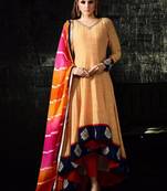 Pink raw silk semi stitched party gown style anarkali
