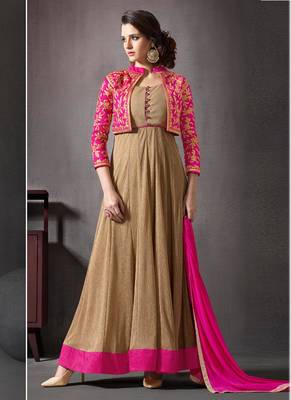 Beige & pink lycra shimmer silk semi stitched party anarkali with jacket 1