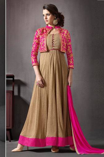 Beige & pink lycra shimmer silk semi stitched party anarkali with jacket