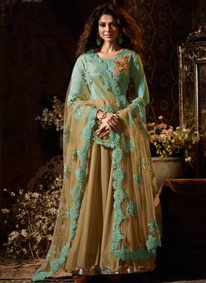 Turquoise raw silk & lycra semi stitched party gown anarkali 1