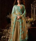 Turquoise raw silk & lycra semi stitched party gown anarkali