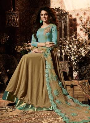 Turquoise raw silk & lycra semi stitched party gown anarkali 2