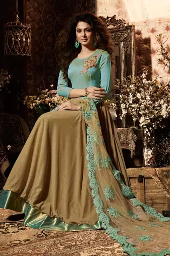 Turquoise raw silk & lycra semi stitched party gown anarkali