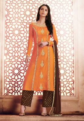 Orange silk semi stitched party pant style suit 1