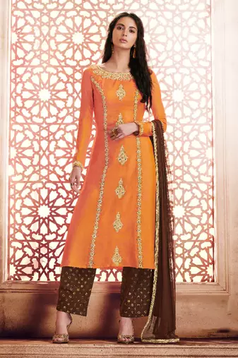 Orange silk semi stitched party pant style suit
