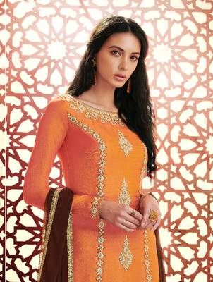 Orange silk semi stitched party pant style suit 2